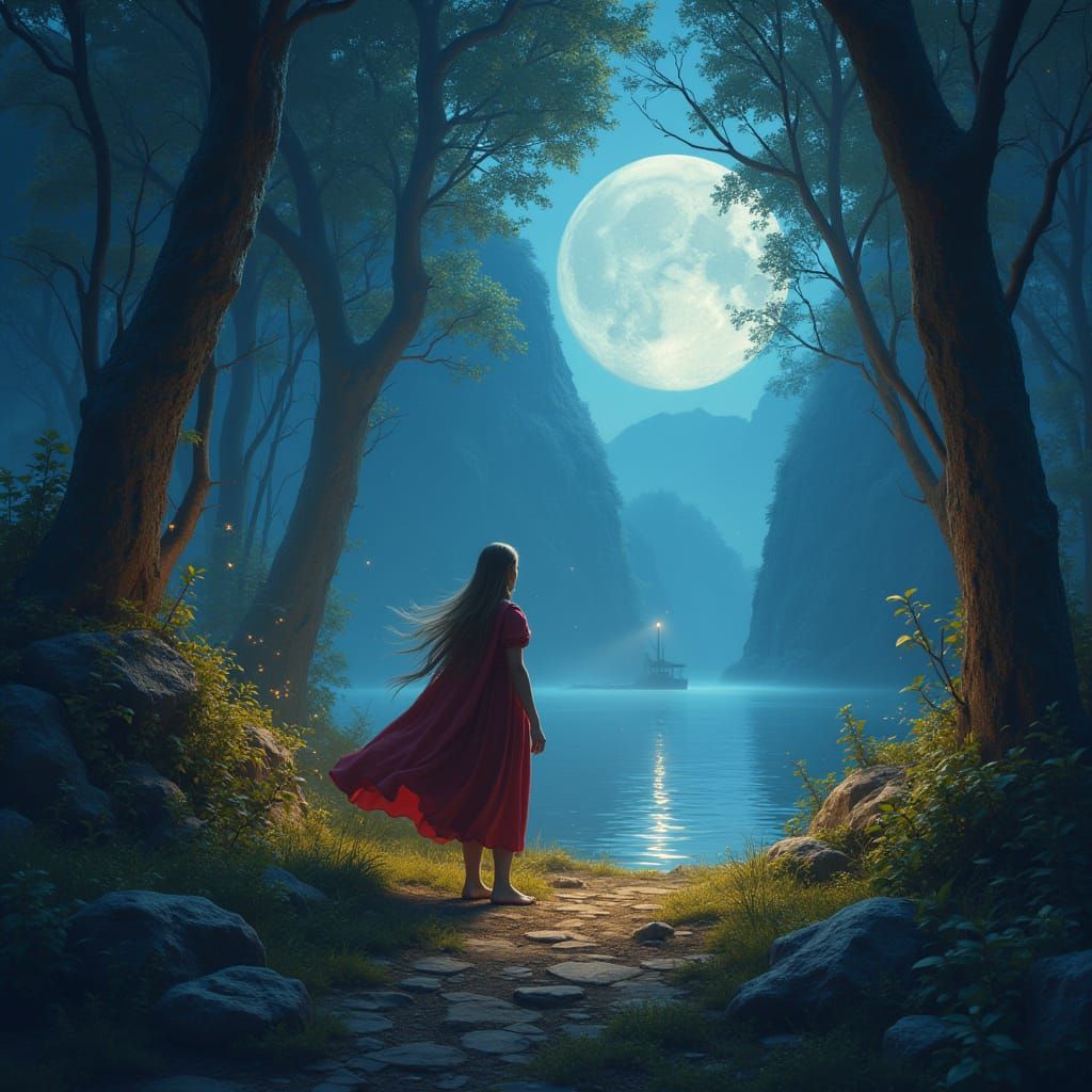 Mystical Viking Girl Surrounded by Elemental Spirits in a Fa...