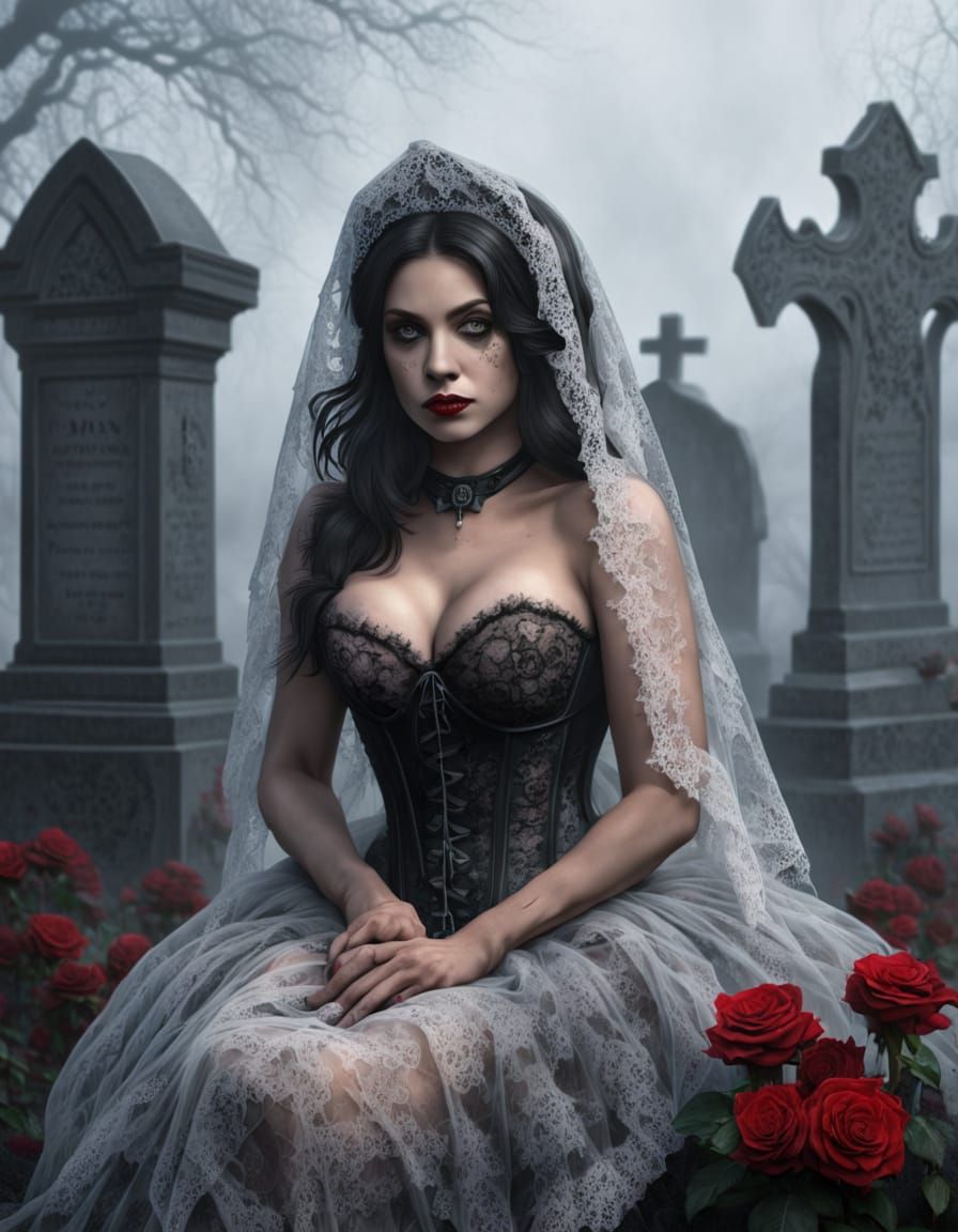 Gothic Bride Posing in Foggy Cemetery