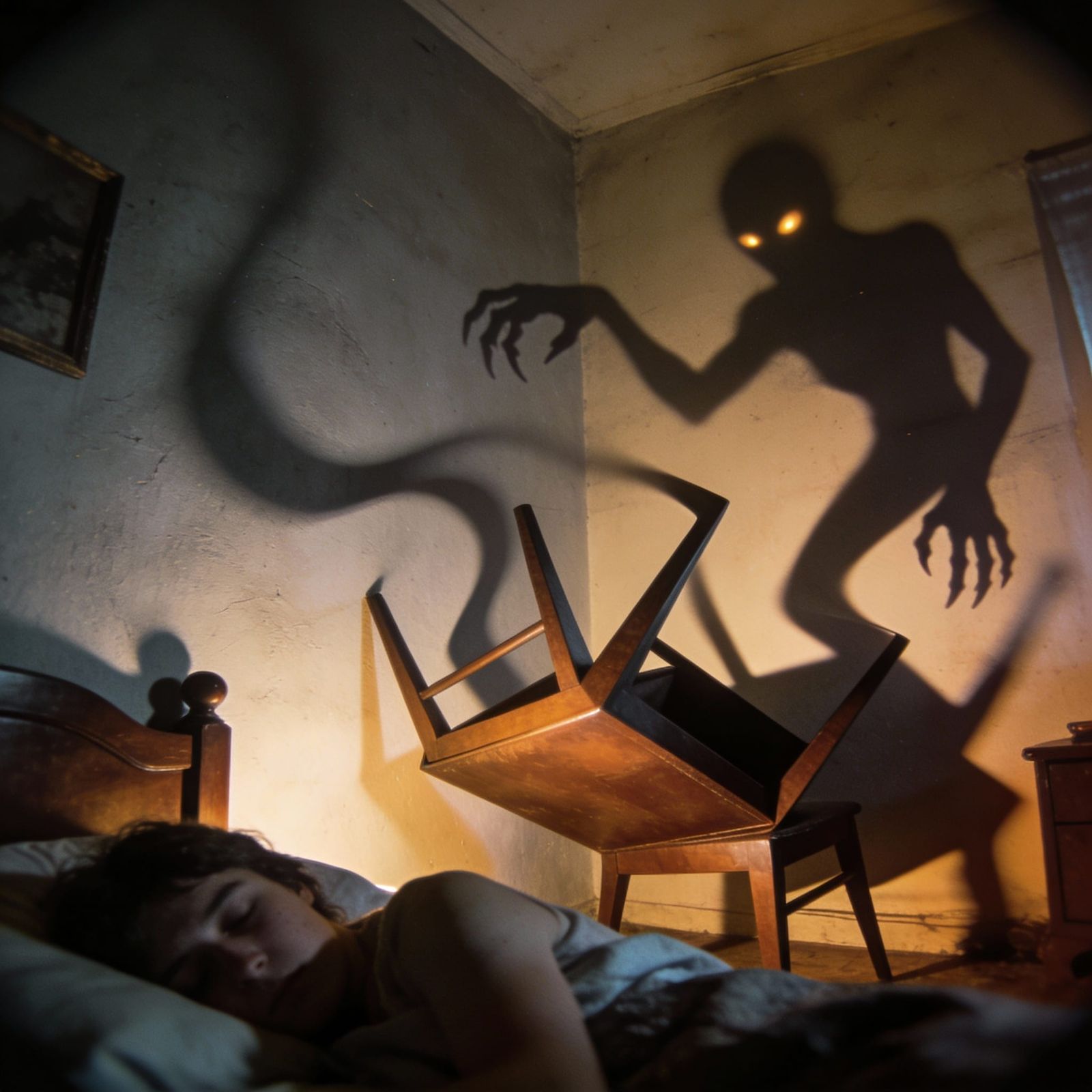 Furniture Contorts in a Sleeping Room with Shadow Monsters
