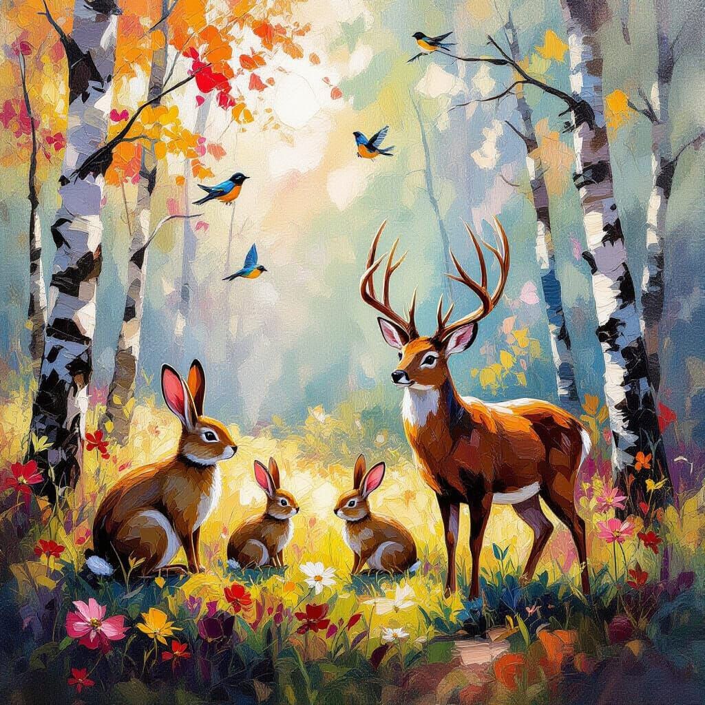 Vibrant Spring Wildlife in Impressionist Forest Oil Painting
