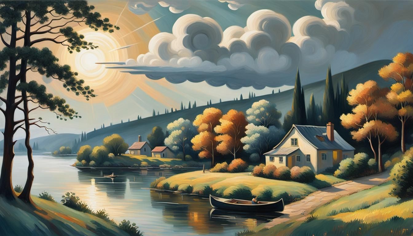 Impressionist Village Landscape at Sunrise