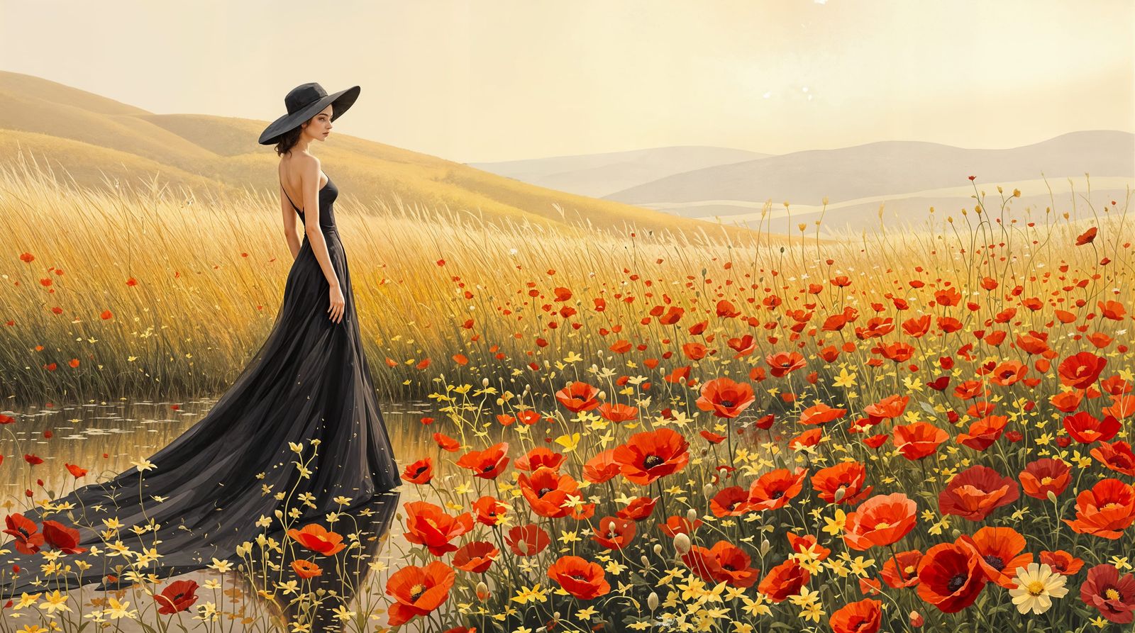 Romantic Impressionist Woman in Poppy Field
