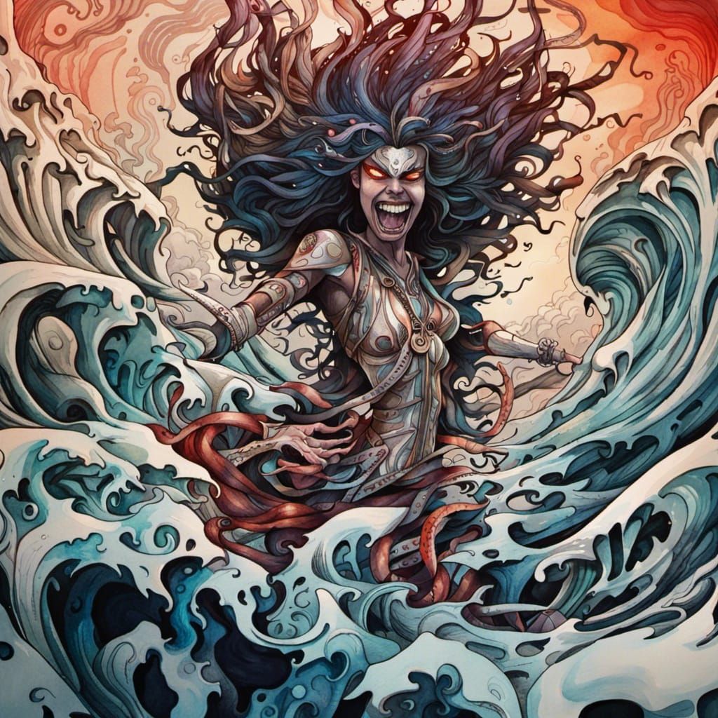 Savage Human Roaring Rage in Watercolor and Ink