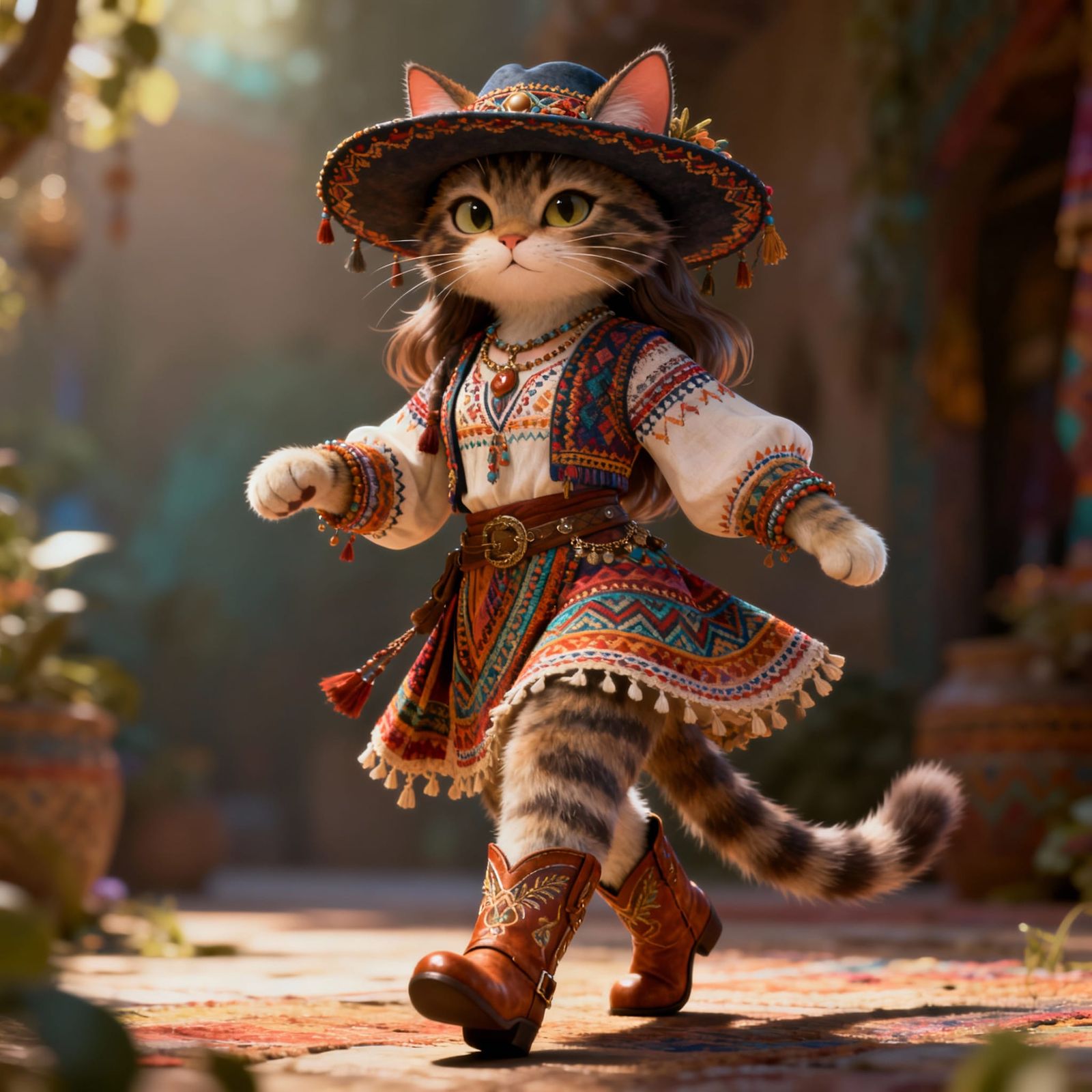 Bohemian Cat Character in Ornate Clothing with Hat and Boots