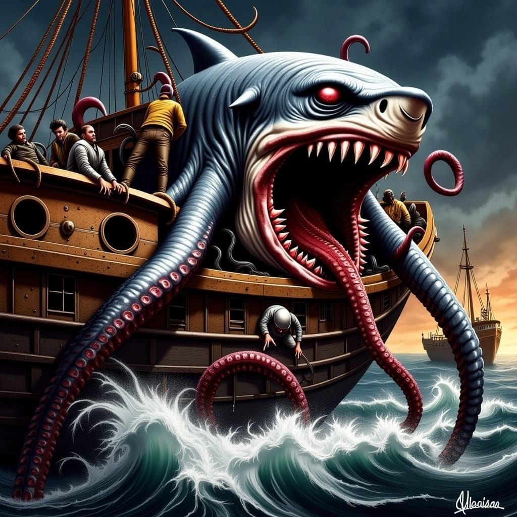 Menacing Sharktopus Looms Over Fishing Trawler