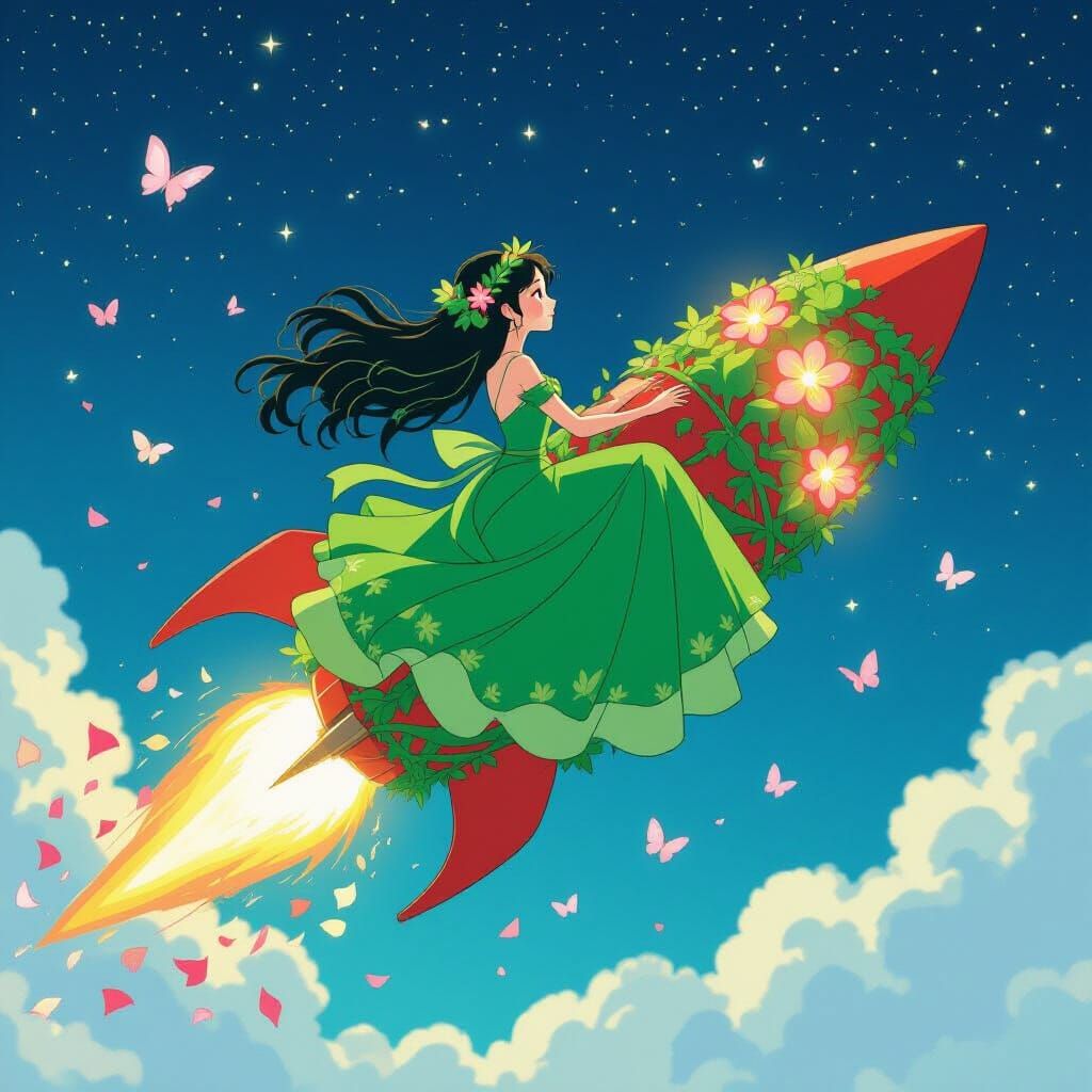 Anime Woman Pilots Vine Rocket Through Starry Sky
