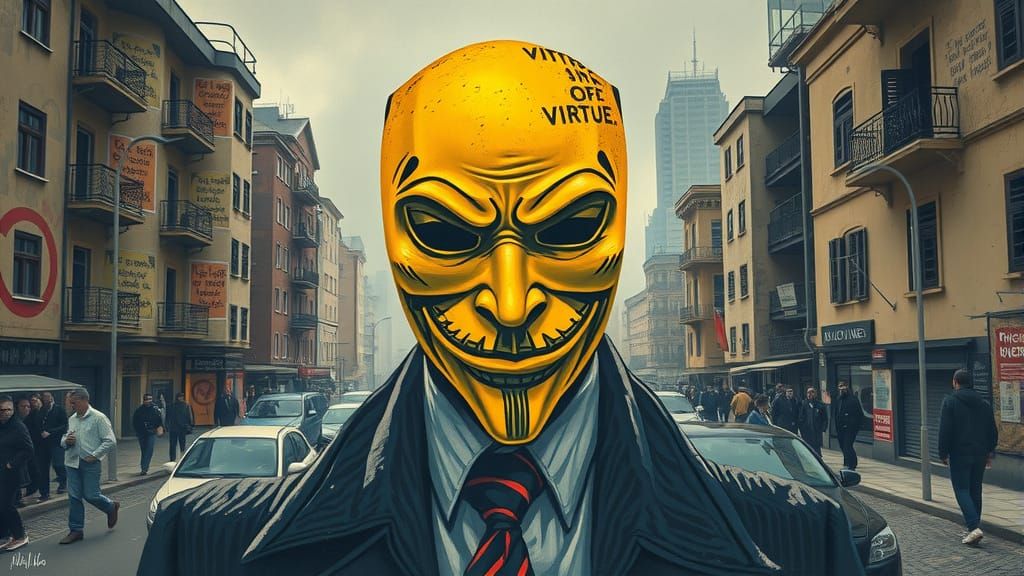 Surreal Mask of Virtue Confronts Urban Decay