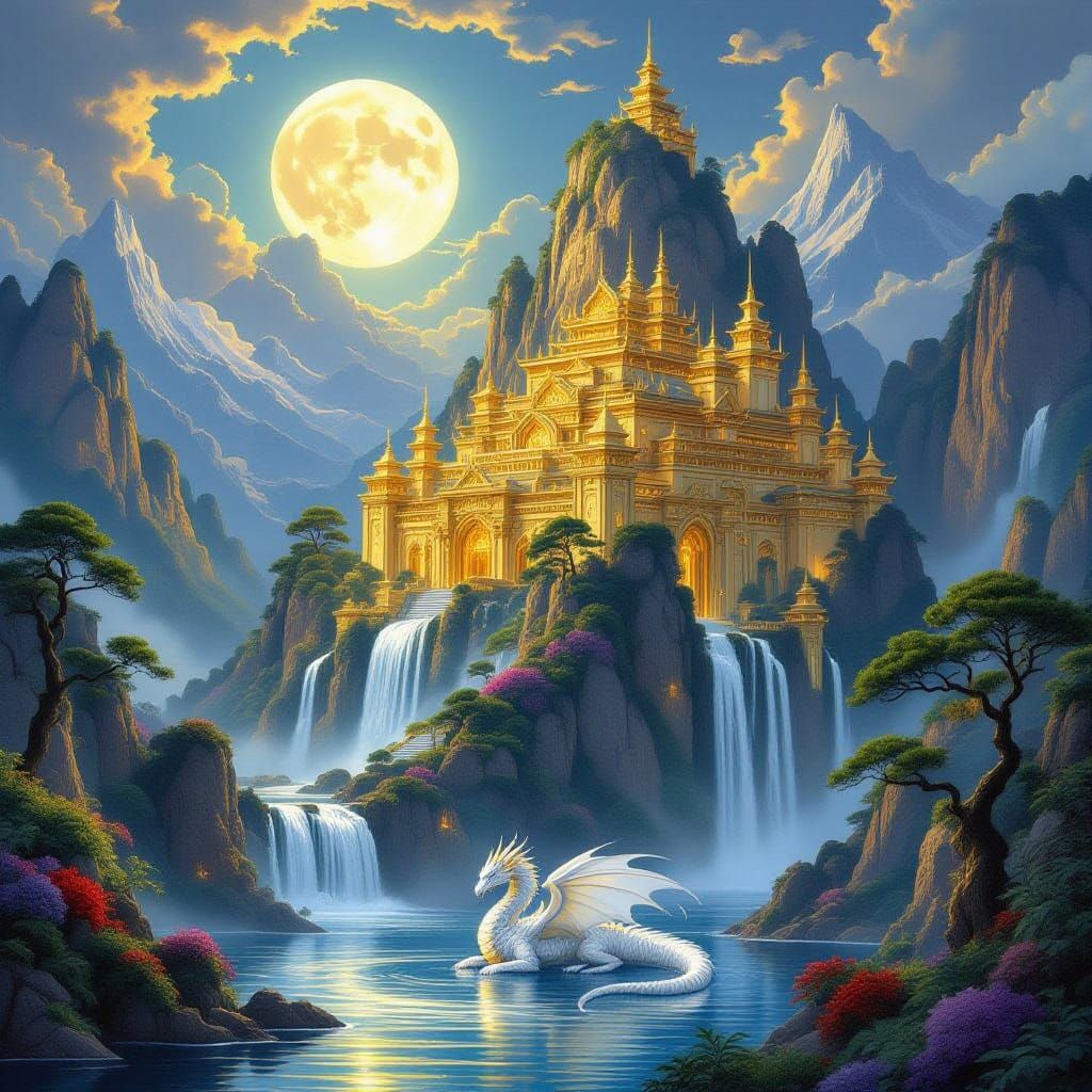 Golden Mountain Palace with Waterfalls and Dragon Under Full...