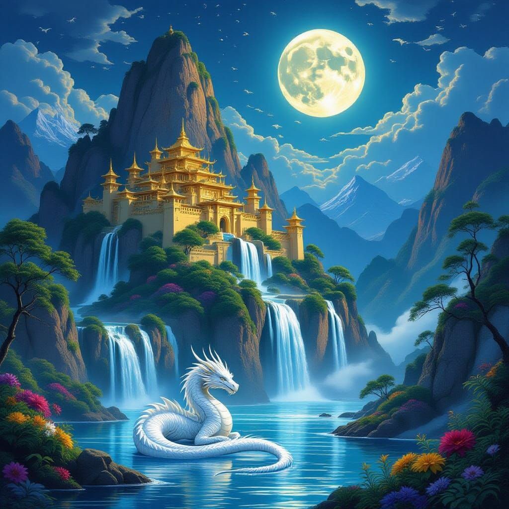 Majestic Dragon By Golden Mountain Palace Under Full Moon