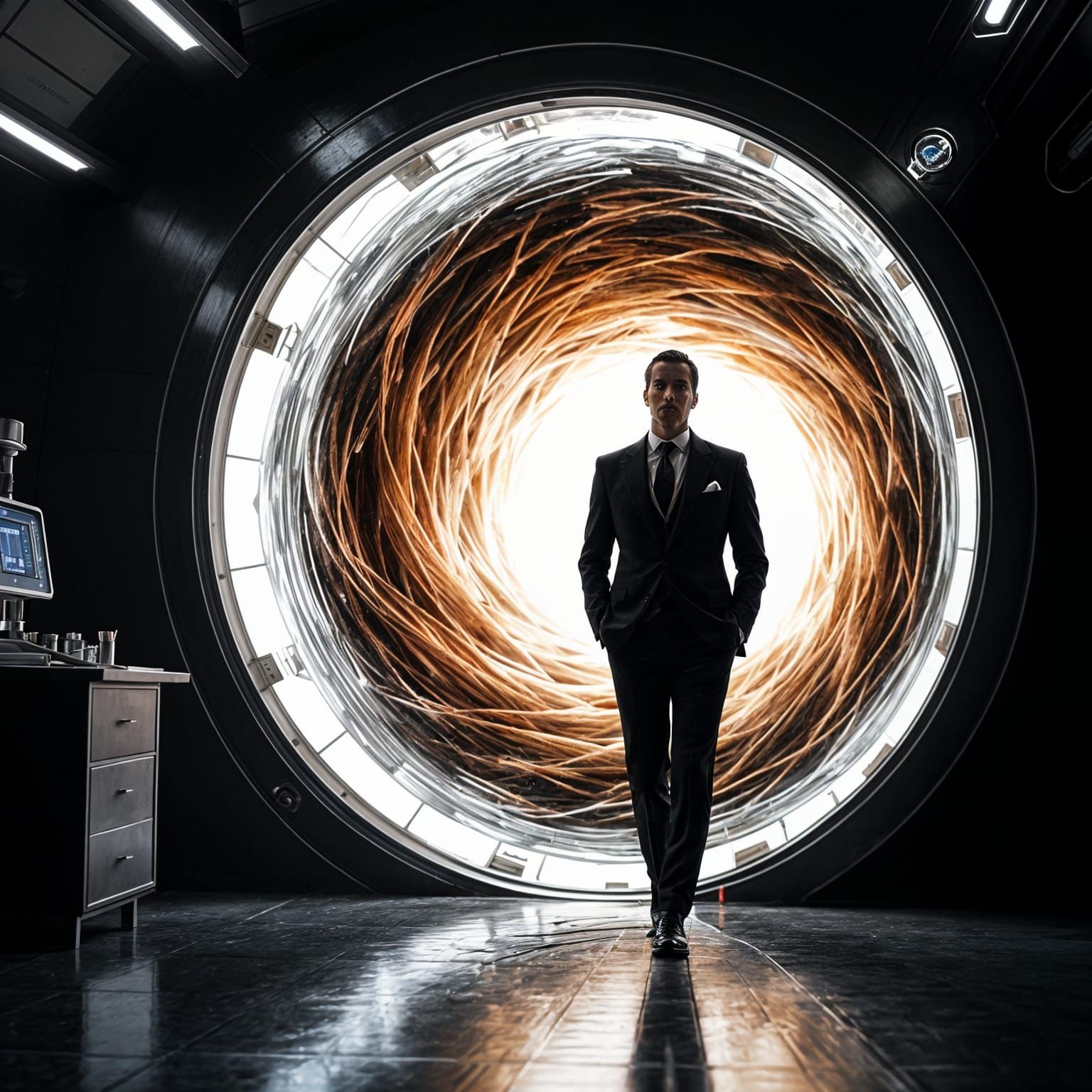 Futuristic Gentleman Emerges from Wormhole in B&W Lab