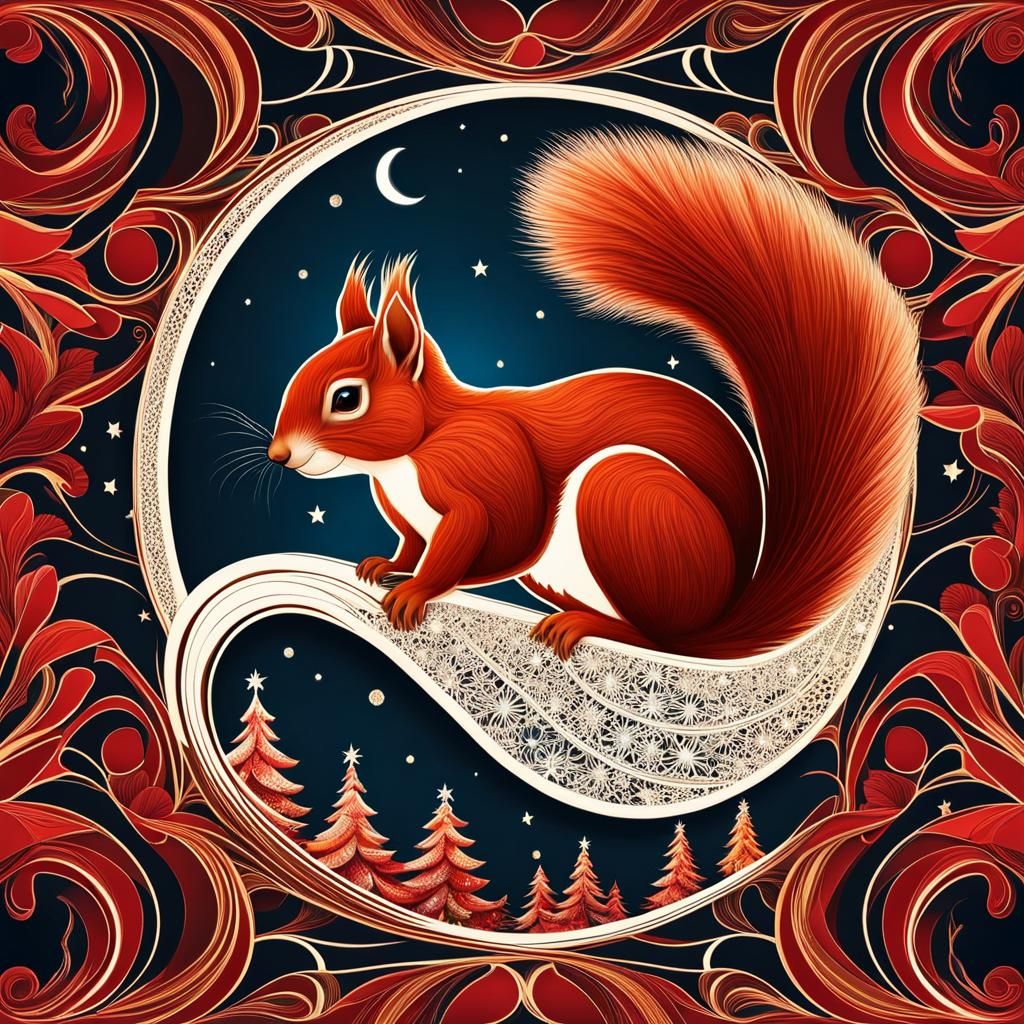 Red Squirrel's Christmas Climb: Festive Vector Art