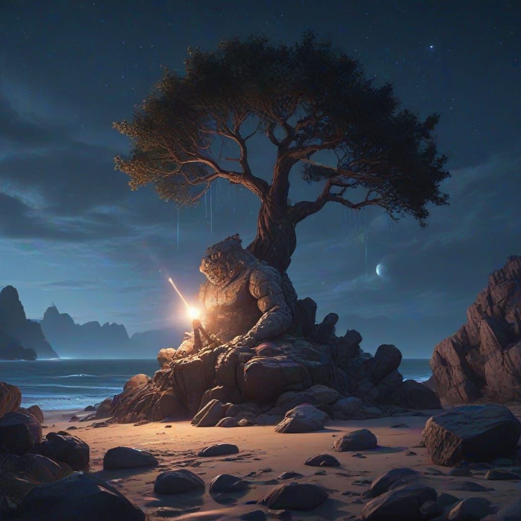 Epic Stone Golem Watches Stormy Night Sky