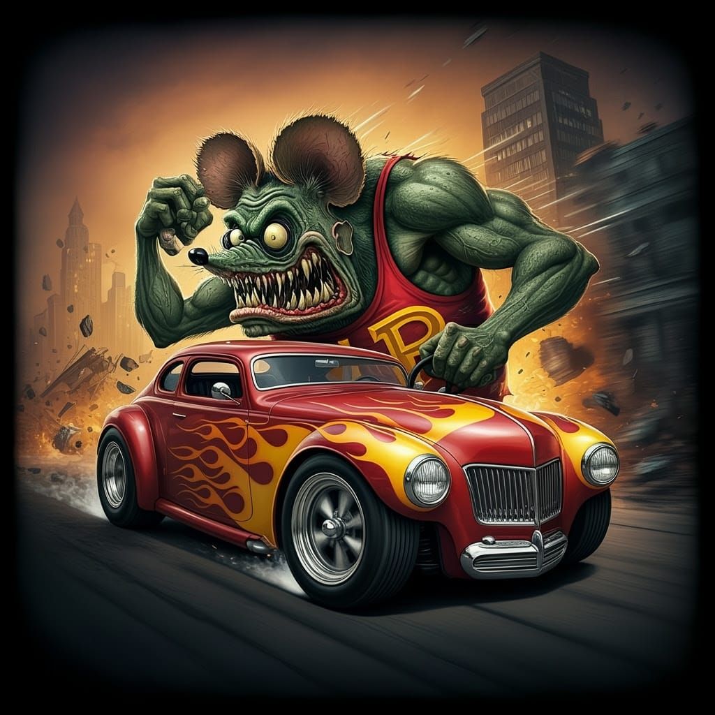 Rat Fink Monster Speeds Through Chaos in a Flamed-Out Hot Ro...