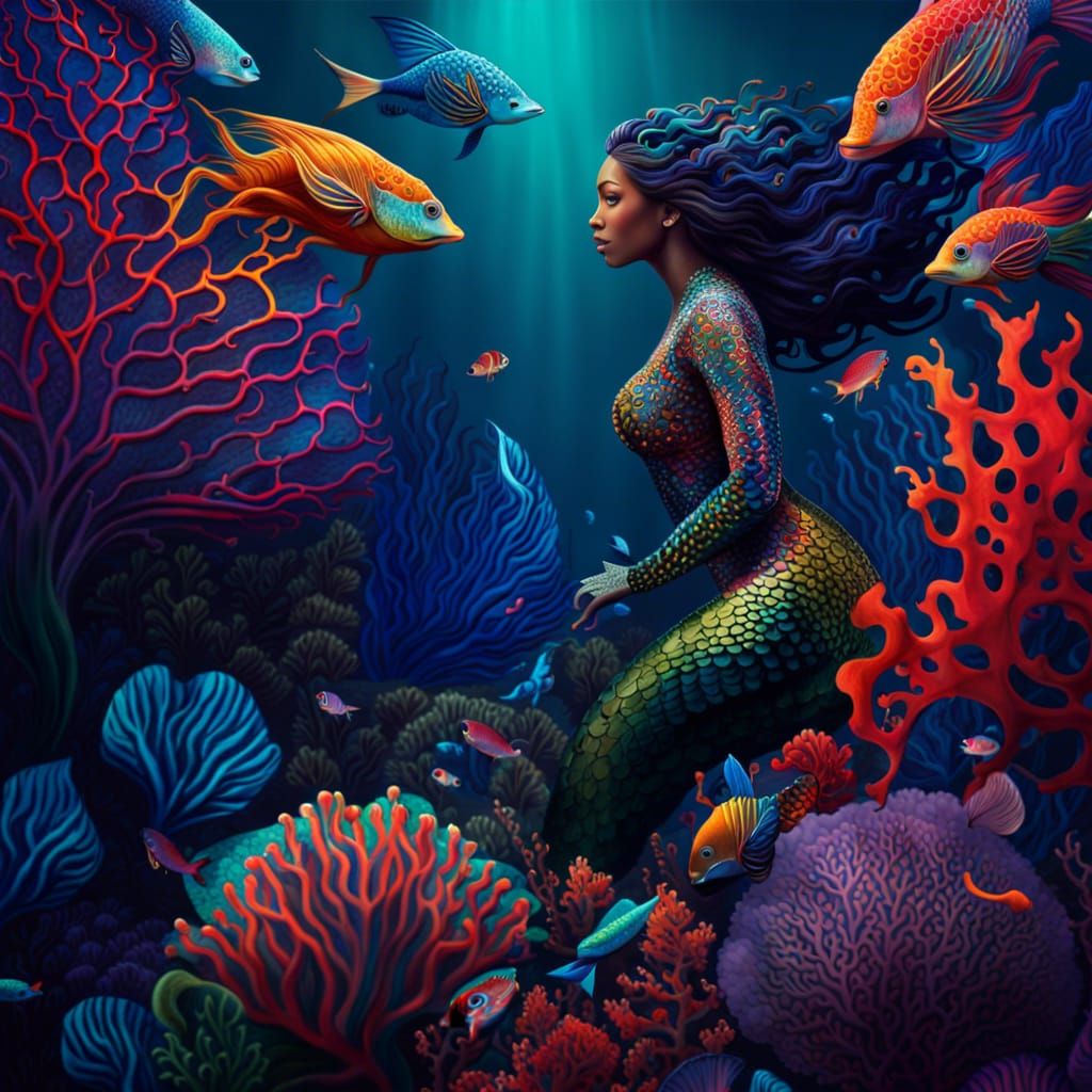 Mermaids in Colorful Coral Reef: Fantasy Art
