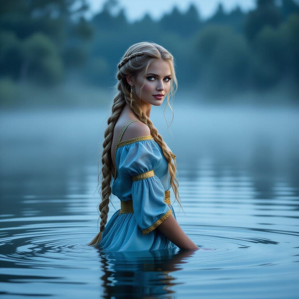Norse Goddess in Misty Lake at Dusk