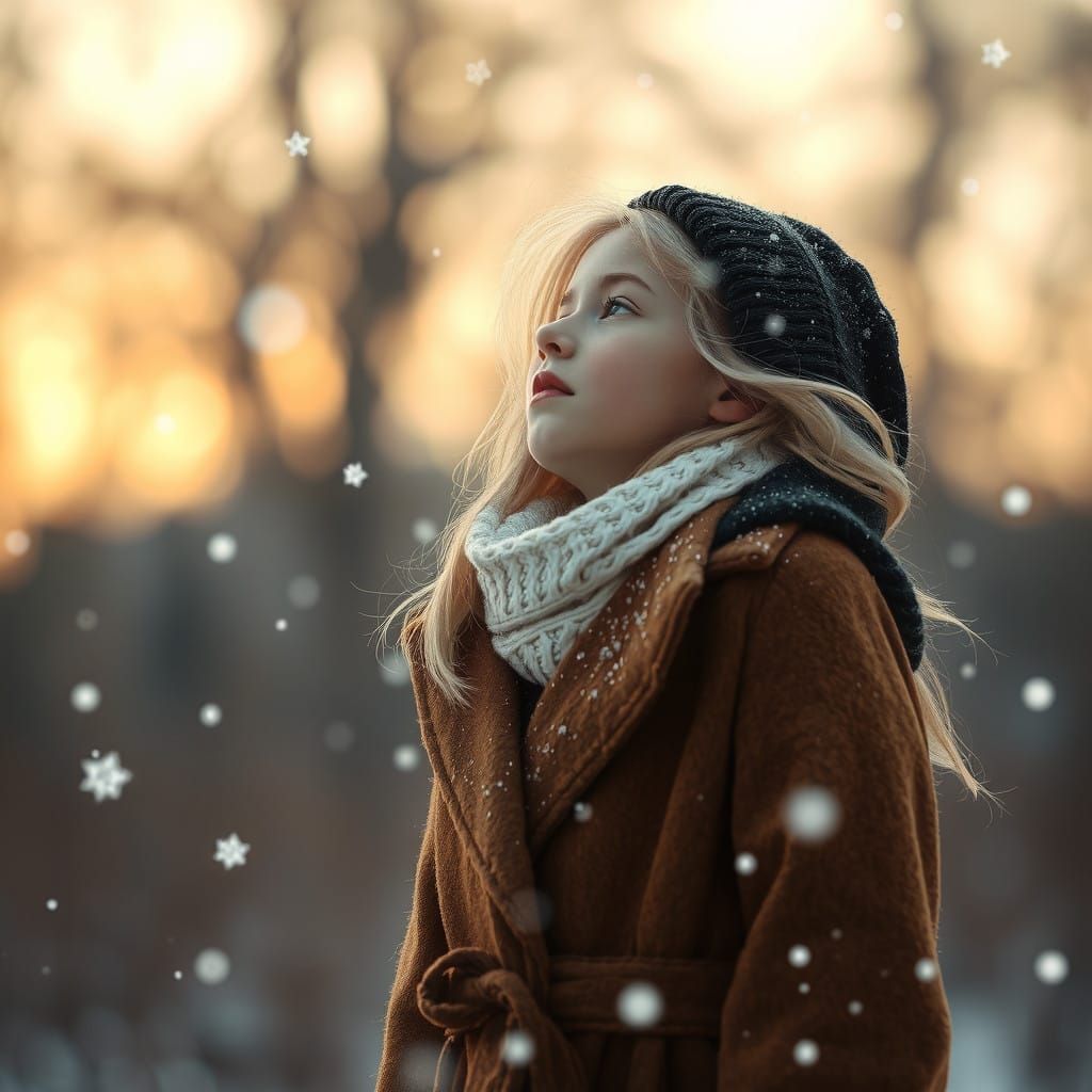 Girl Contemplates Snowfall at Dusk in Whimsical Winter Scene