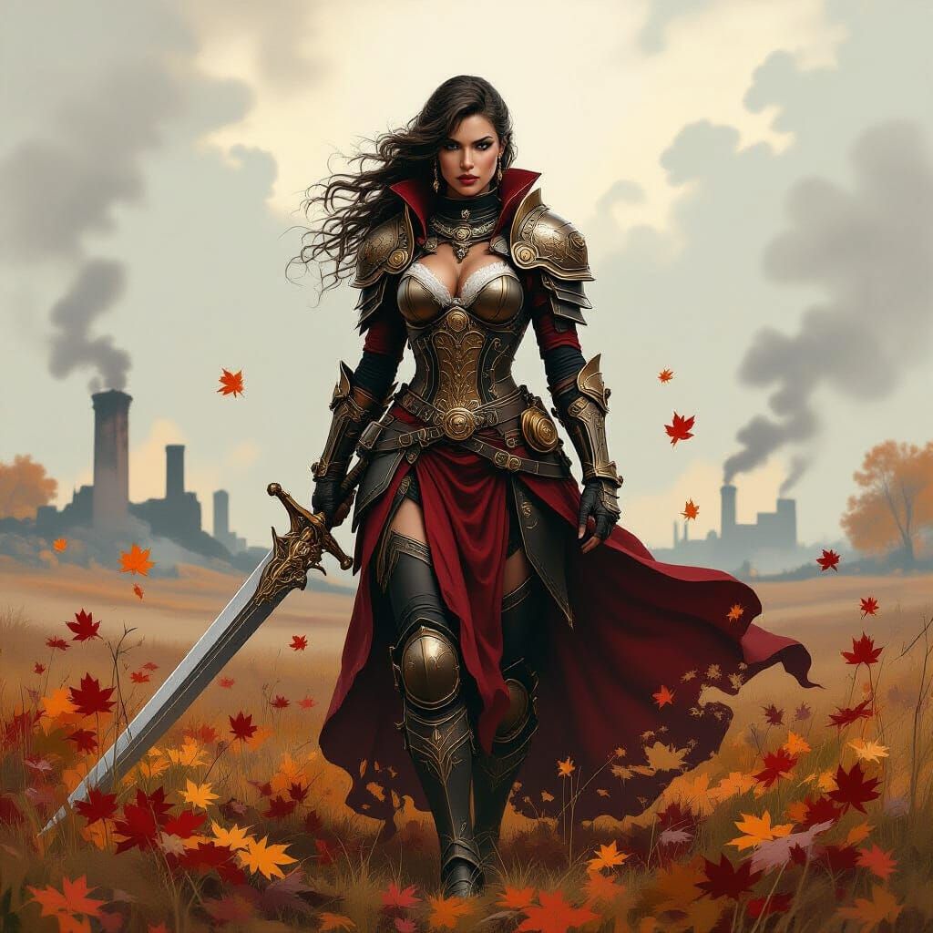 Steampunk Warrior Queen on Autumn Battlefield