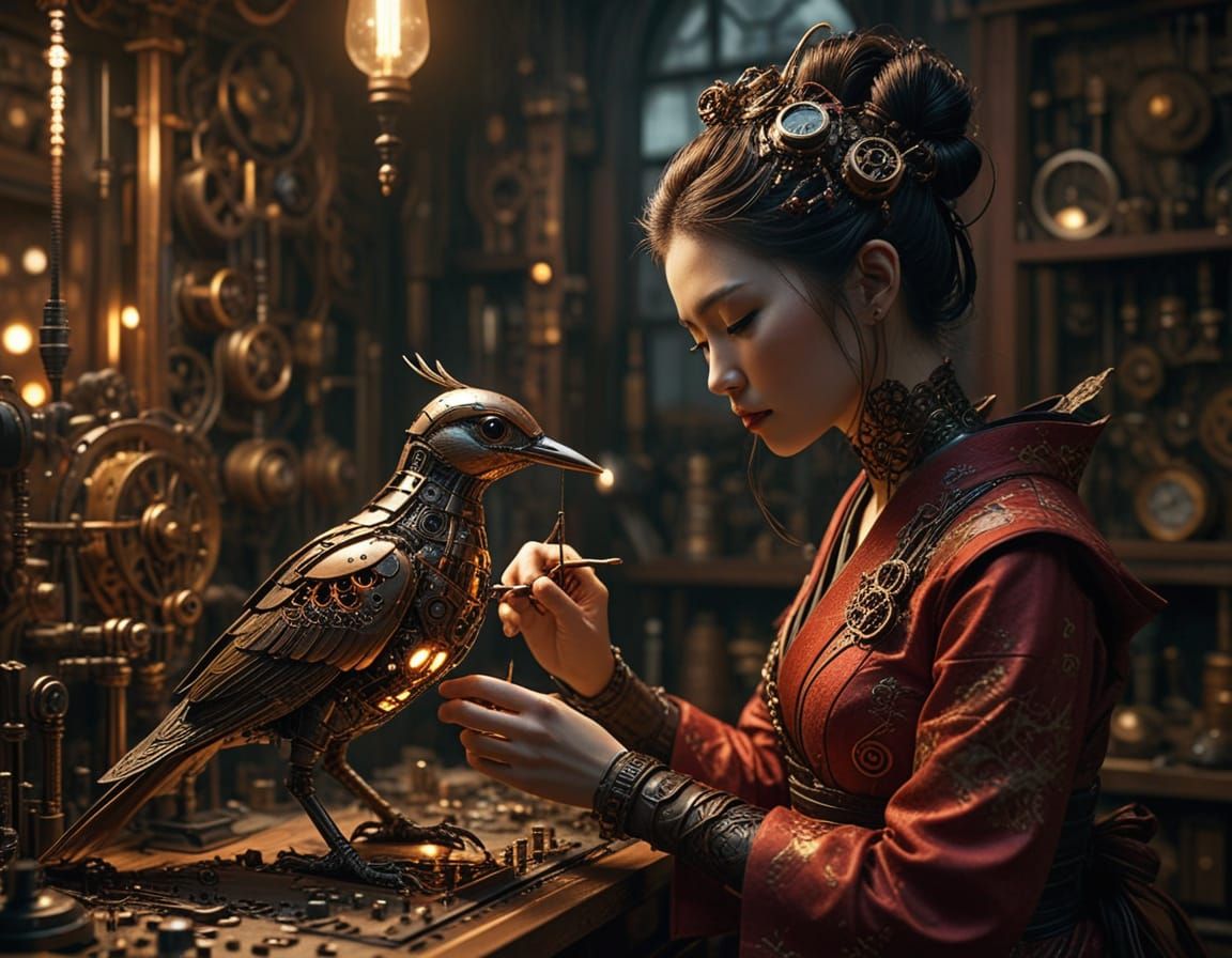 Steampunk Geisha Automaton Repairs Clockwork Bird