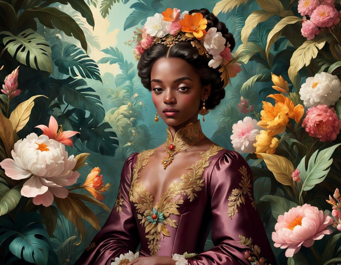 Elegant 18th-Century Woman in Tropical Paradise, in Baroque....