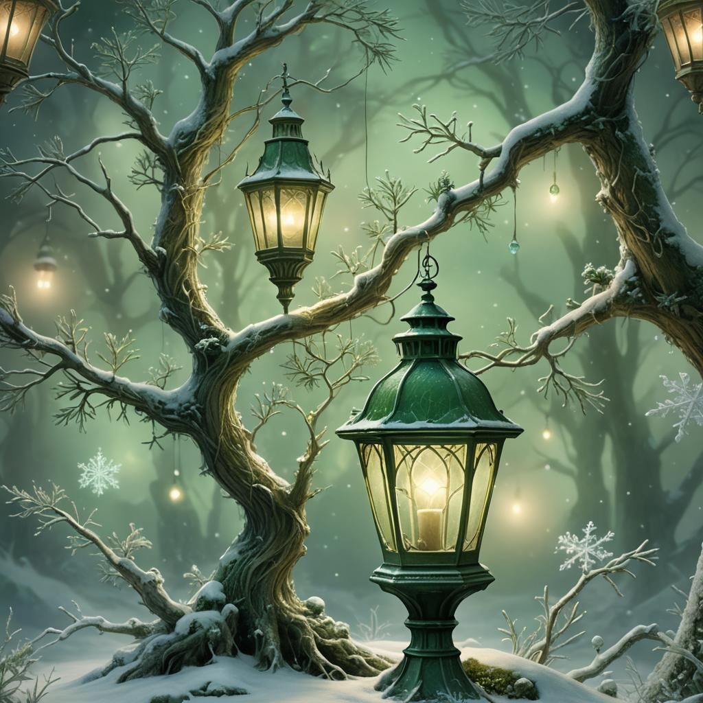 Glowing Evergreen Lamp in Vintage Illustration Style