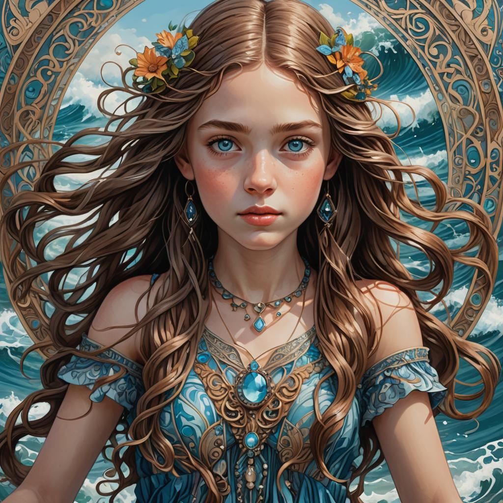 Girl Walking on Water in Art Nouveau Style