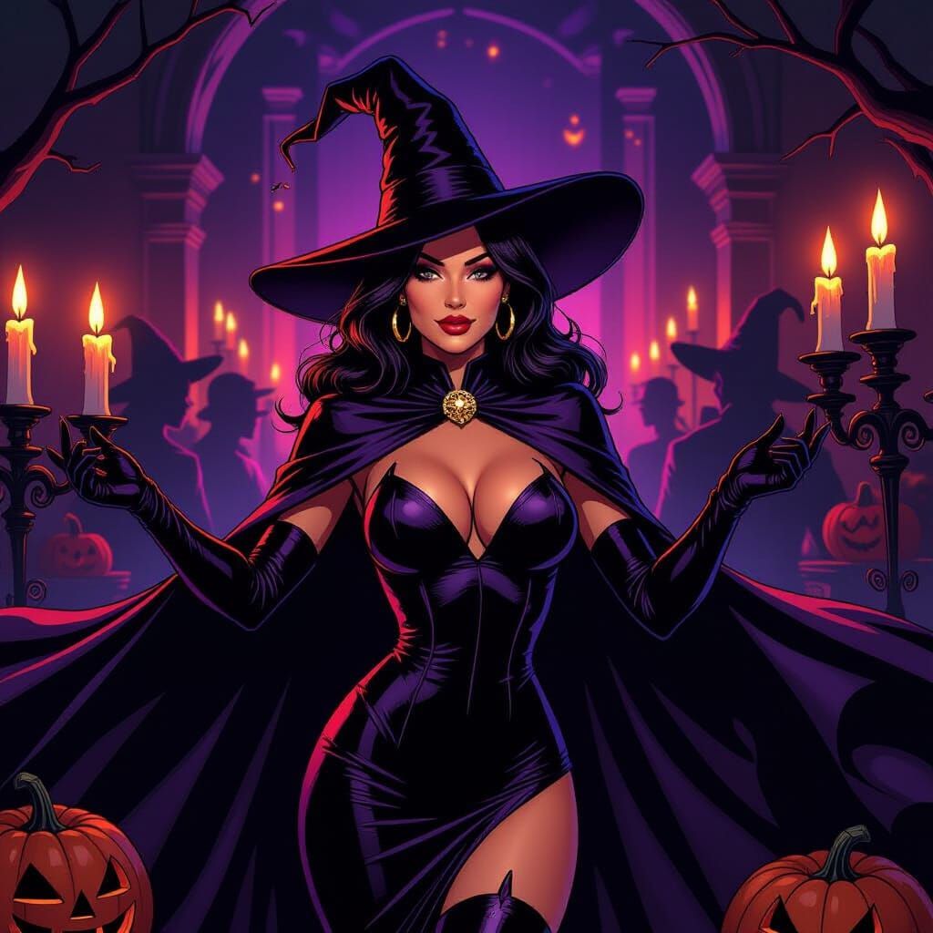 Woman in Witch Costume at Halloween Party