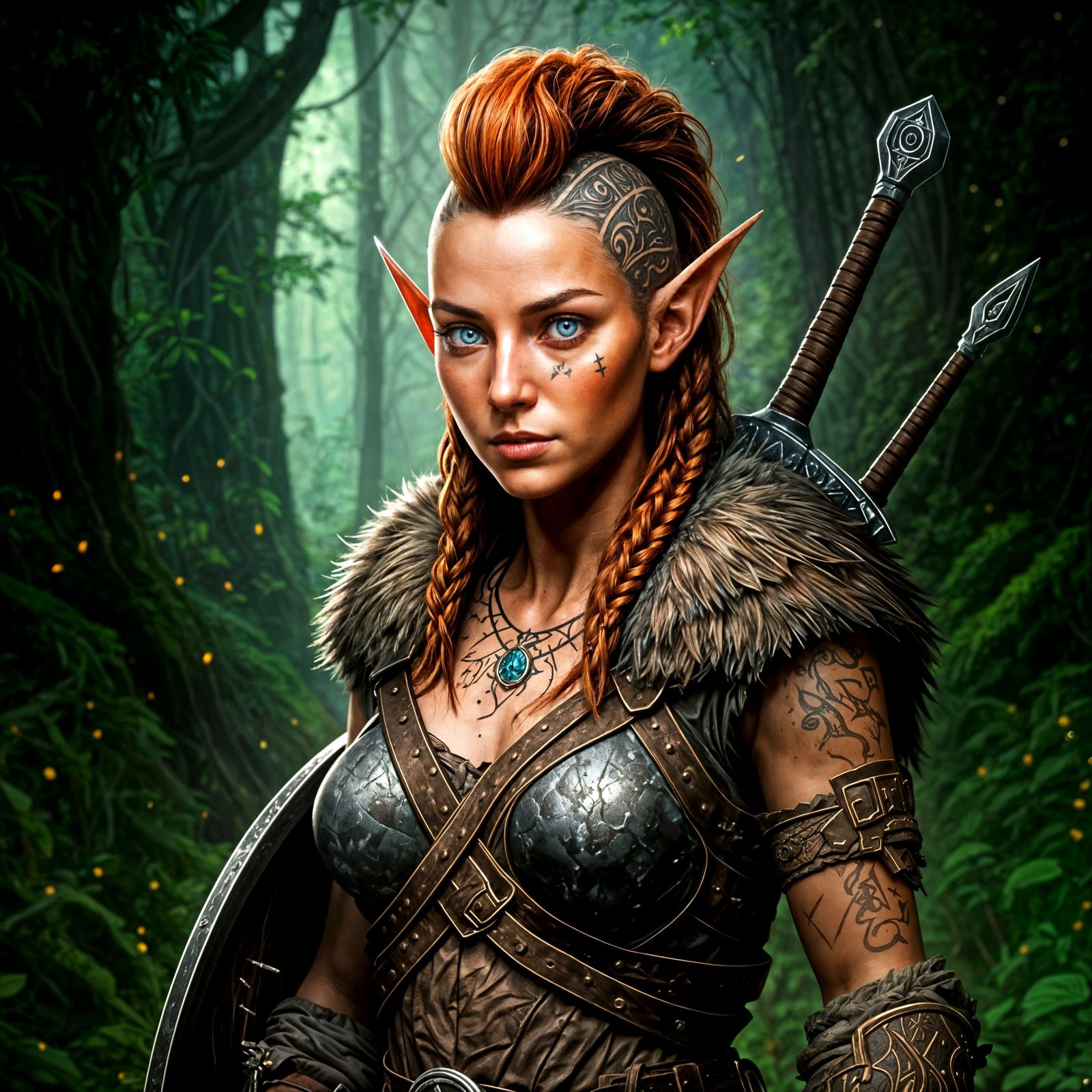 Ethereal Half Elf Warrior in Vibrant Woodland Setting