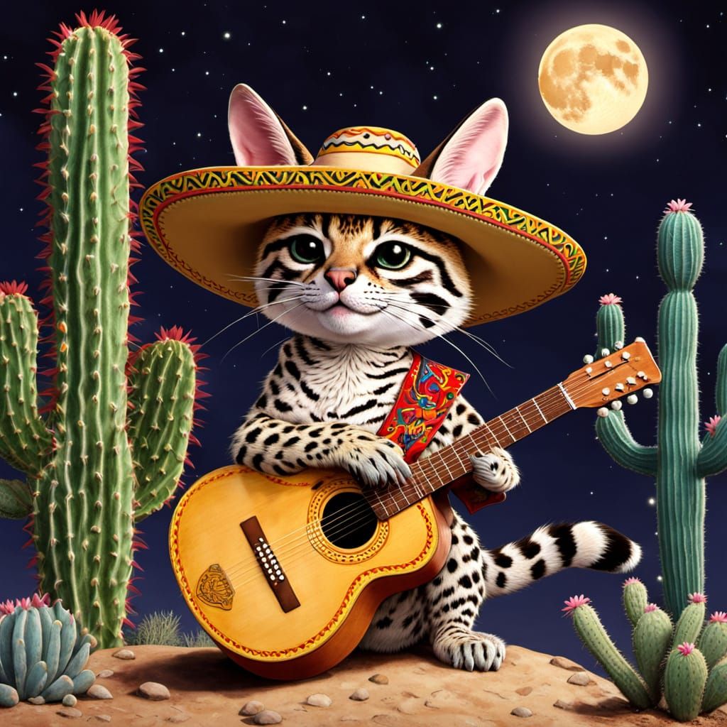 Ocelot Serenades Moon with Oversized Sombrero