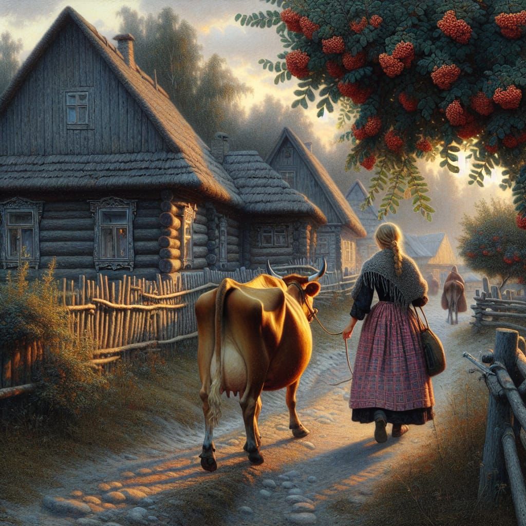 Girl Guides Golden Cow Through Rustic Village: Pre-Raphaelit...