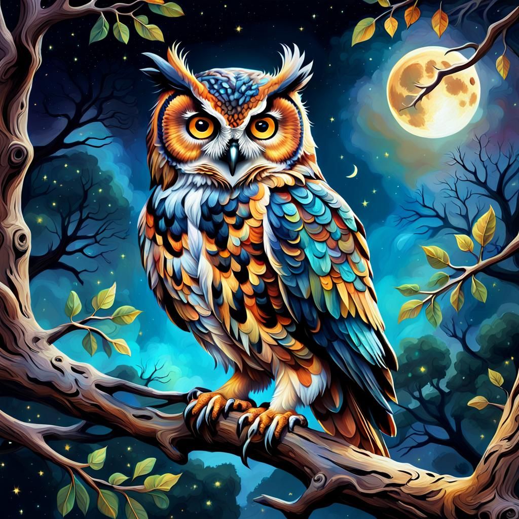 Owl in Moonlight: A Hyper-Realistic Oil Painting