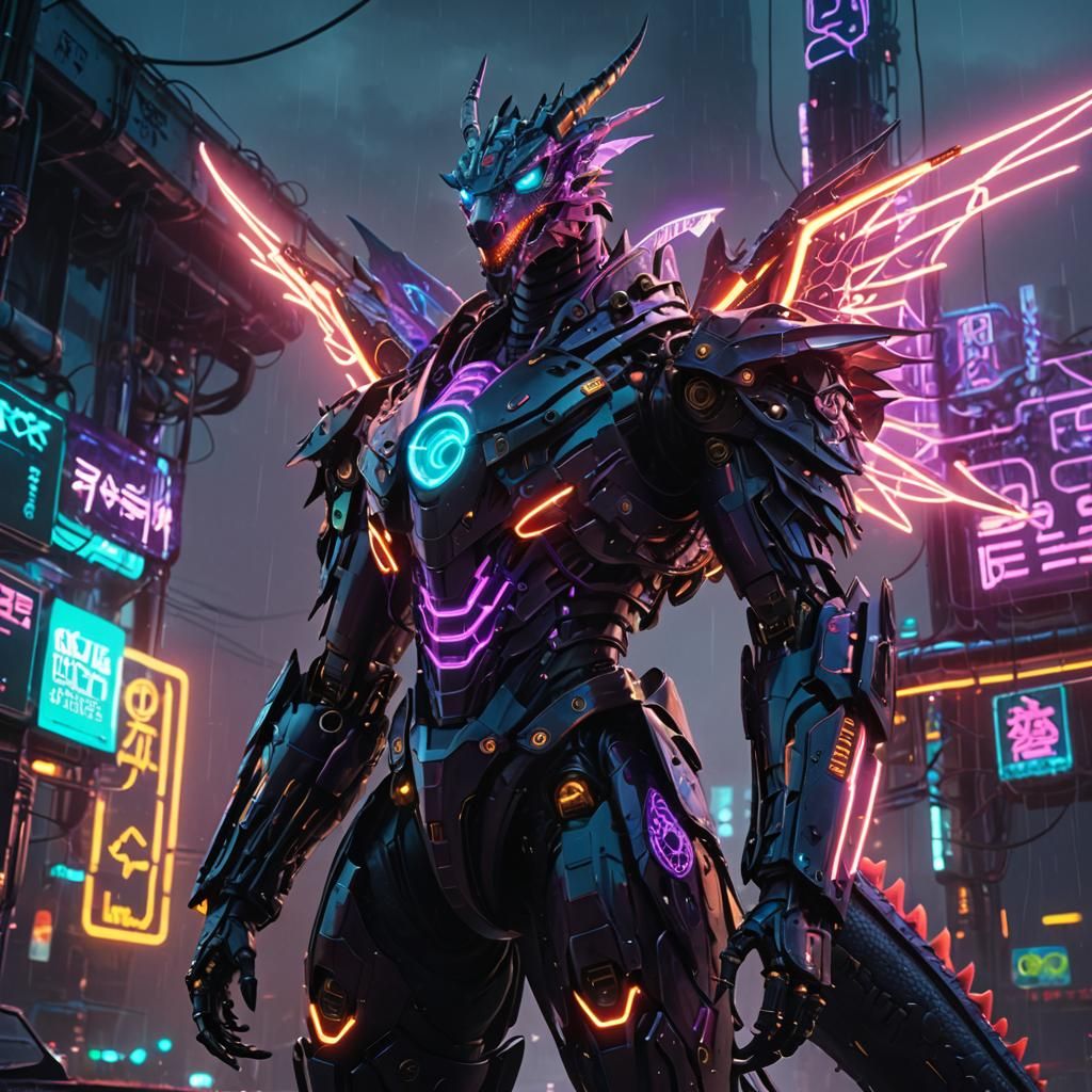Ethereal Cyberpunk Dragon in Gritty Neon Landscape
