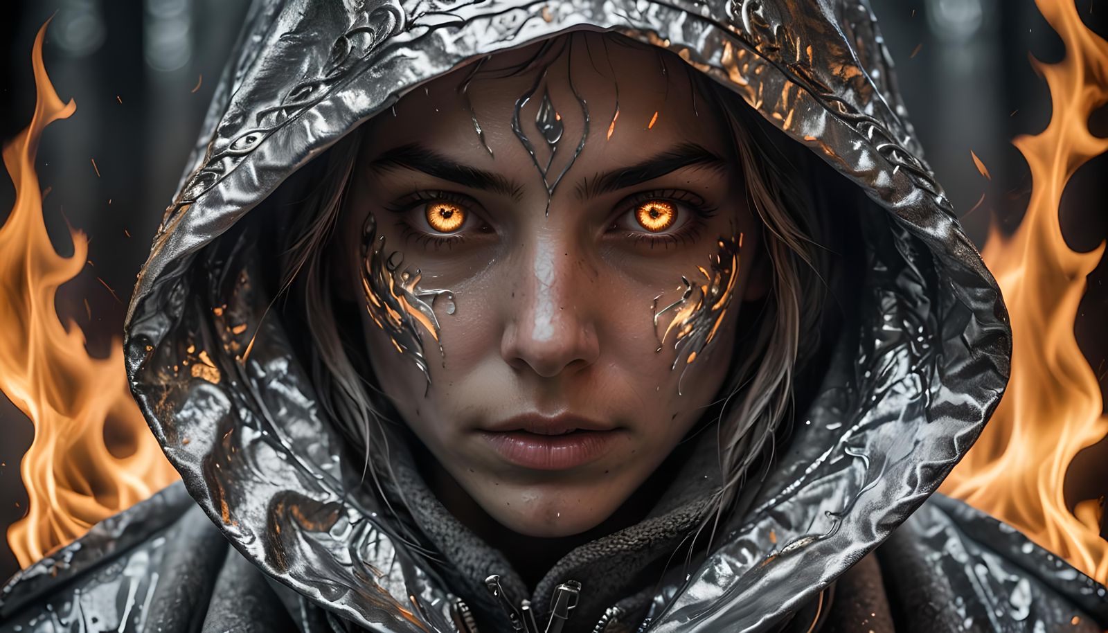 Silver Hooded Woman Bathed in Firelight