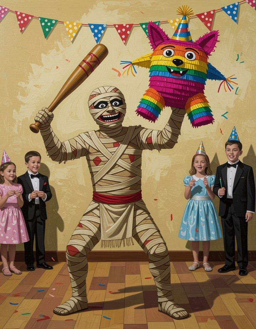 Mummy Hits Pinata at Birthday Party Oil Painting