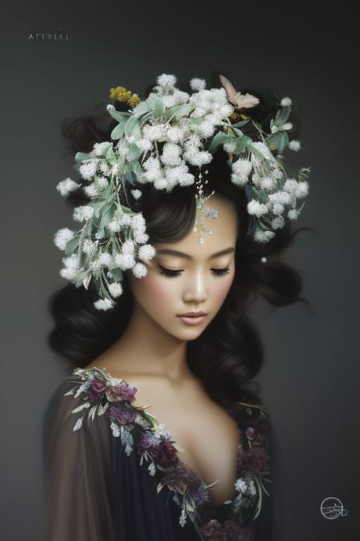 Mesmerizing Bride in White Flowers, Hyperrealistic Portrait