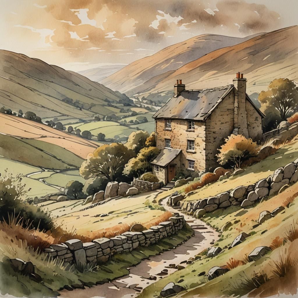 Rustic Cottage in Mountain Landscape, Watercolour Style