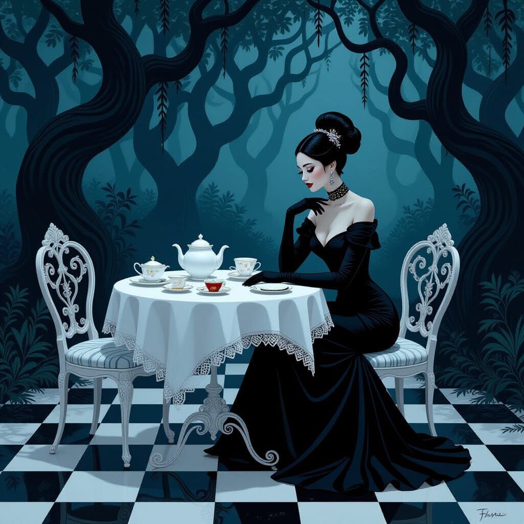 Elegant Tea Party in Dark Forest, Surreal Style
