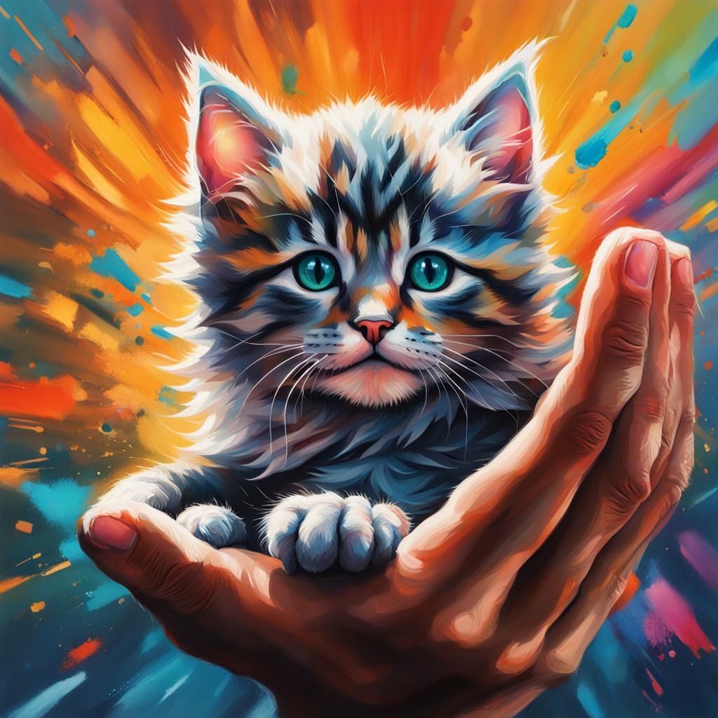 Boy Holding a Fluffy Kitten: Hyperrealistic Splash Art
