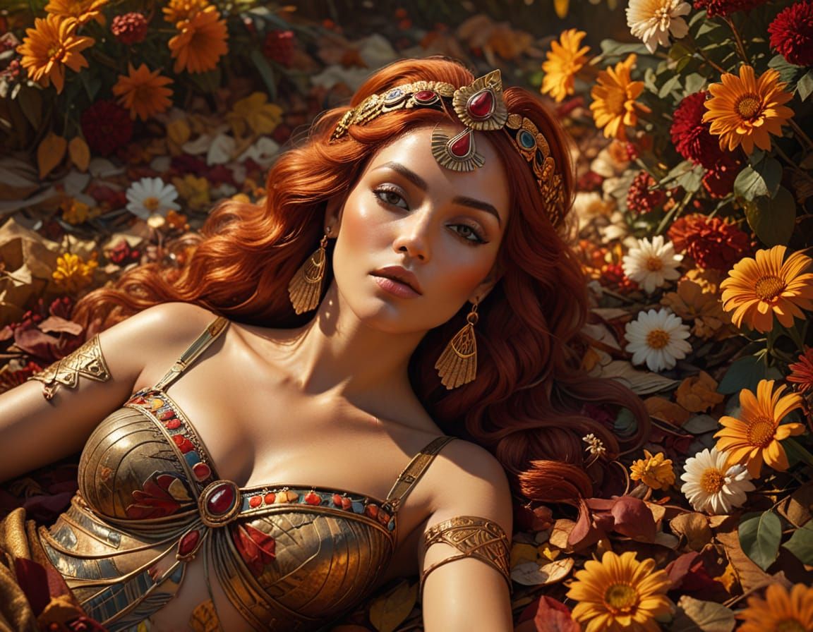 Egyptian Woman Amidst Autumn Flowers in Golden Hour