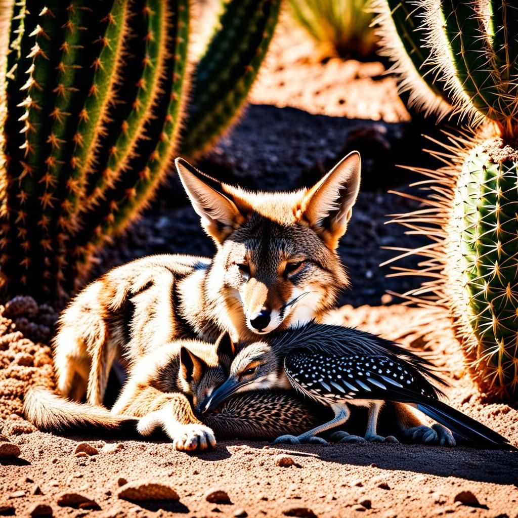 Coyote Pup and Roadrunner in Desert Shade