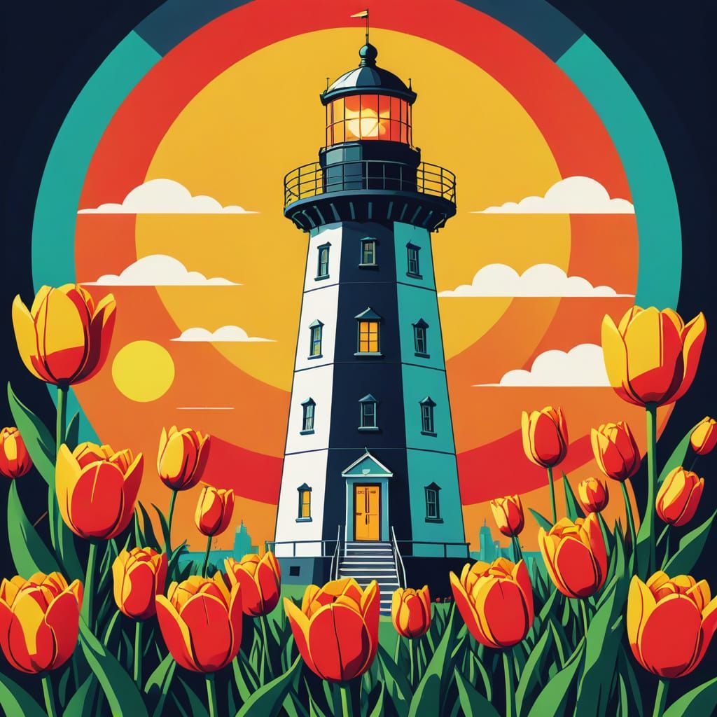 Lighthouse and Tulips in Vibrant Pop Art Style
