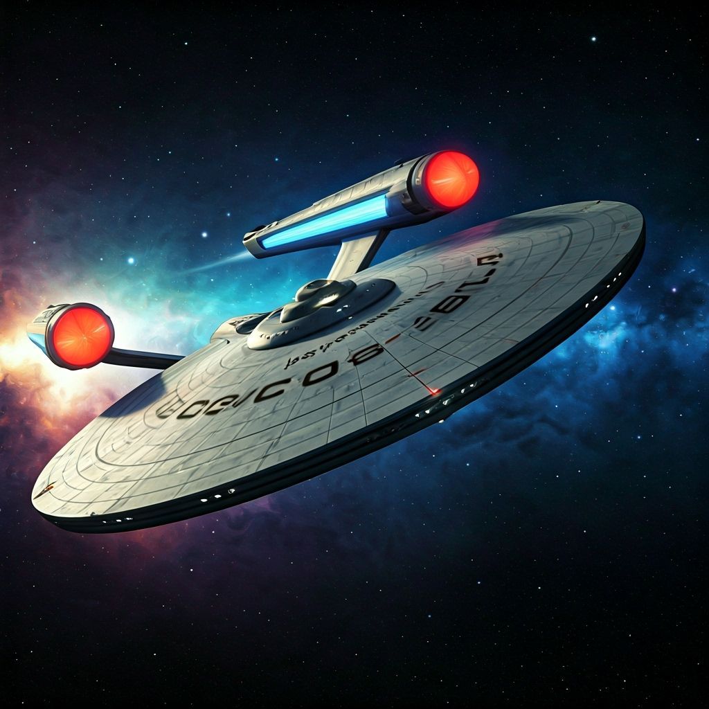 Starship Soaring Through Nebula in Retro-Futuristic Style