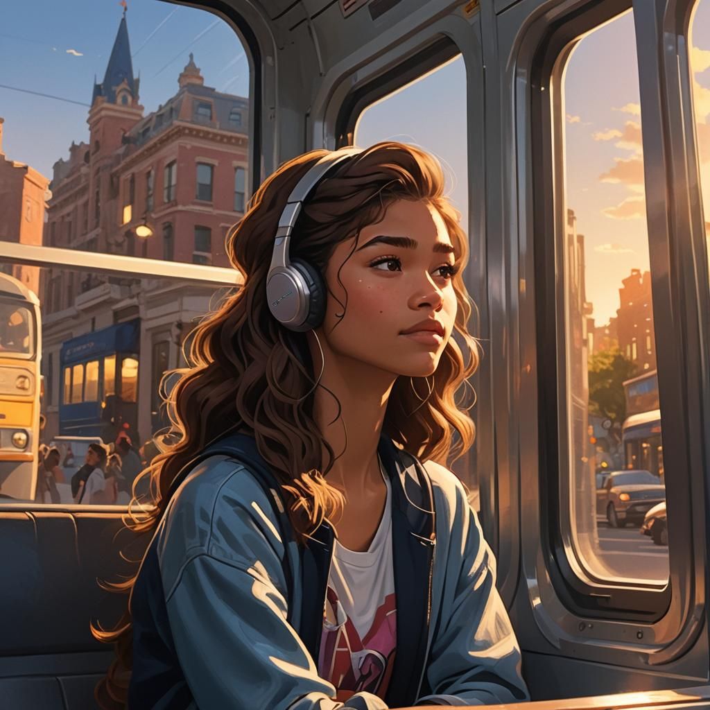 Zendaya on a Bus in Disney Animation Style
