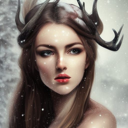 Woman with Antlers Portrait in Hyperdetailed Style