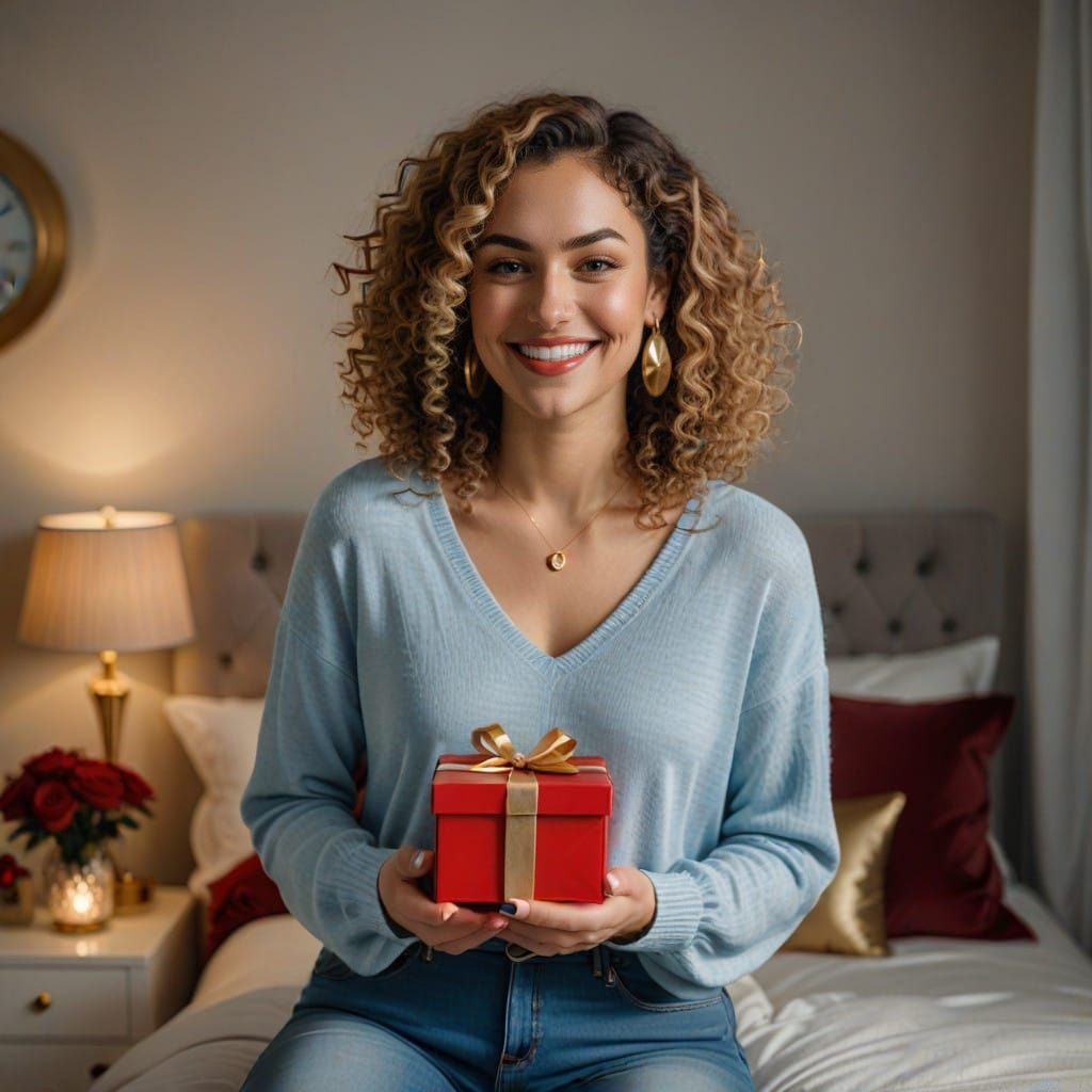 Sultry Young Woman Unwraps Gift in Cozy Bedroom Setting