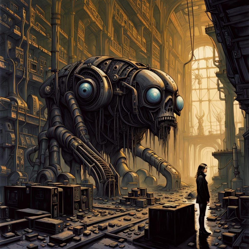 Goth Fashion Model in Ruined Coffee Shop with Fembot and Ind...