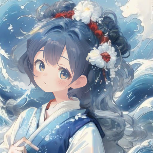 Girl Under Hokusai Wave in Anime Style