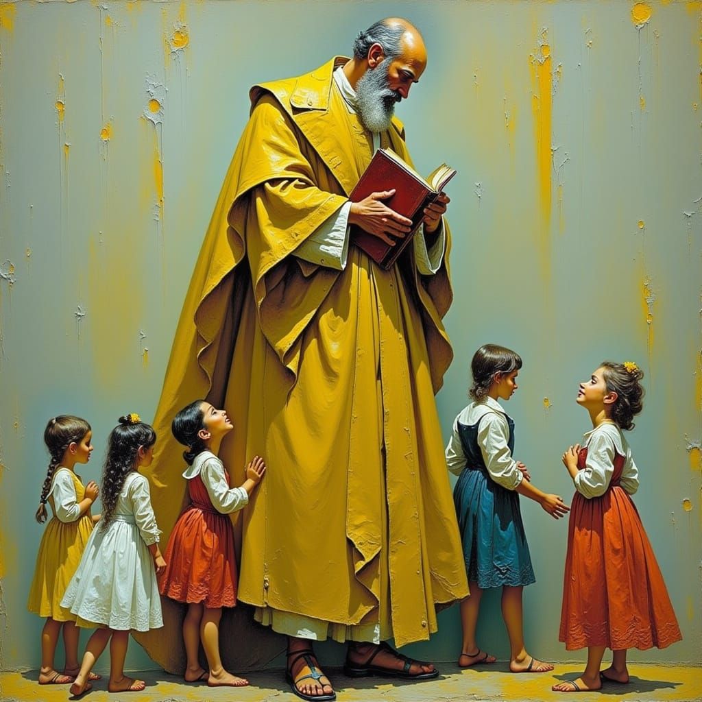 Man in Yellow Coat with Children, Dürer Style