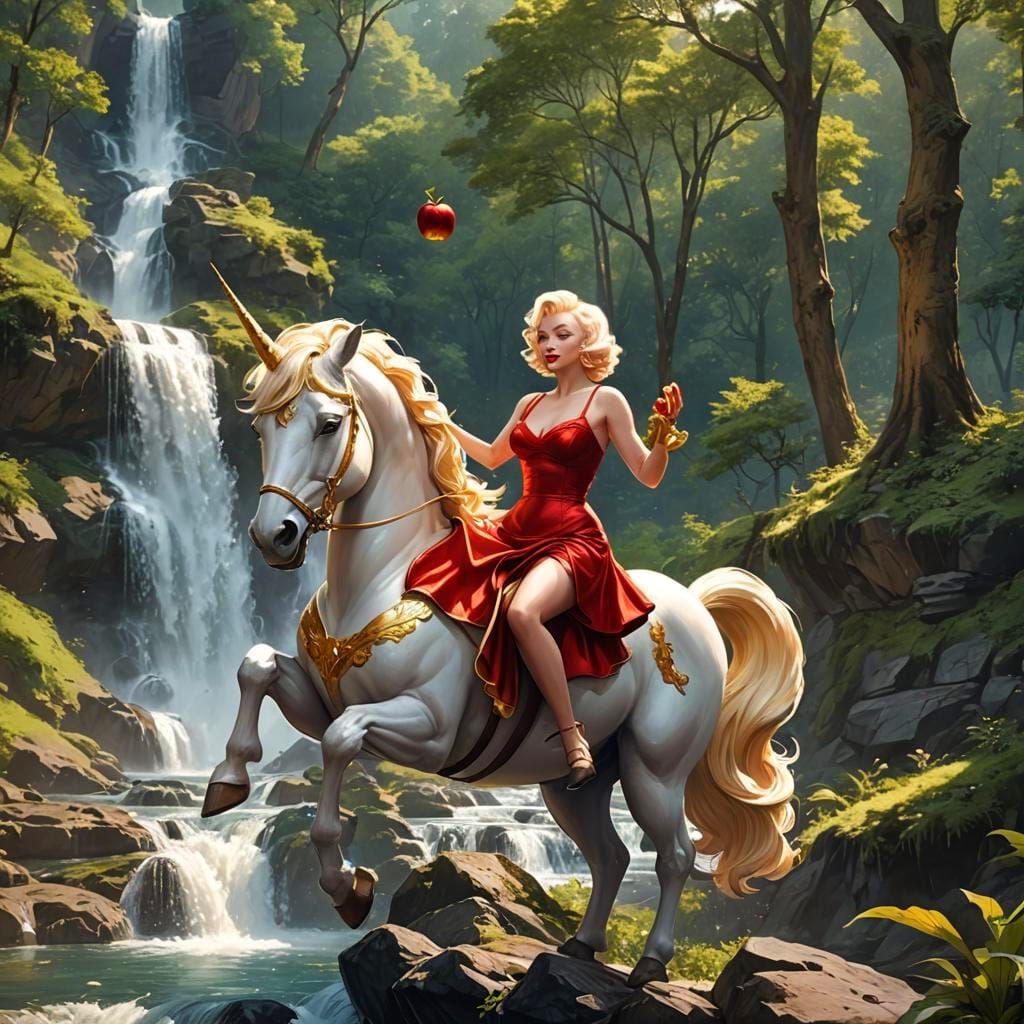 Marilyn Monroe Rides Unicorn: 3D Anime Art