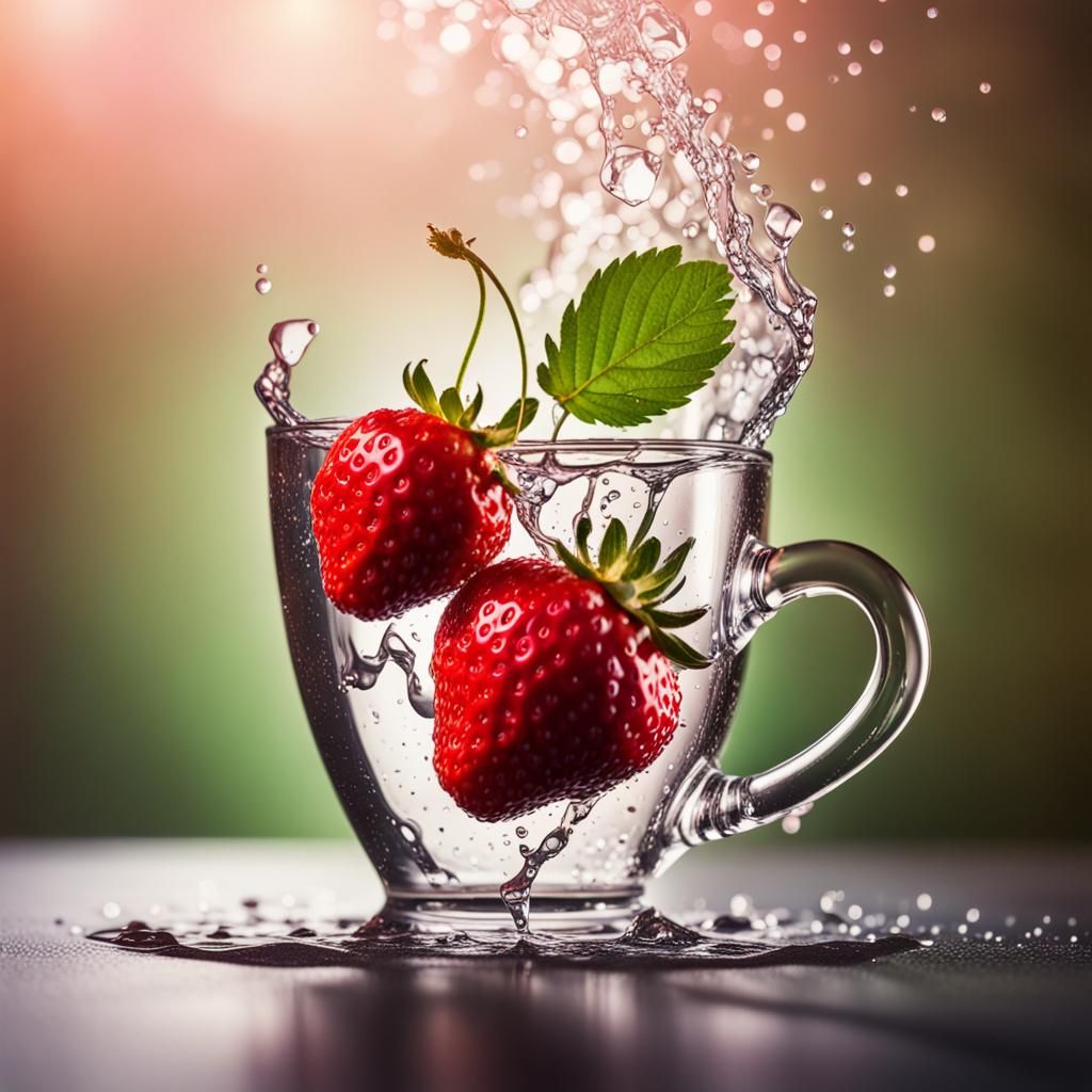 Strawberry and Cherry Falling into Liquid with Bokeh