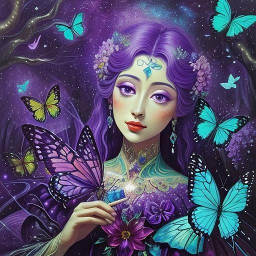 Description: Close-up of a fairy holding a burning purple crystal with glittering stars. She is in a magical forest wher...